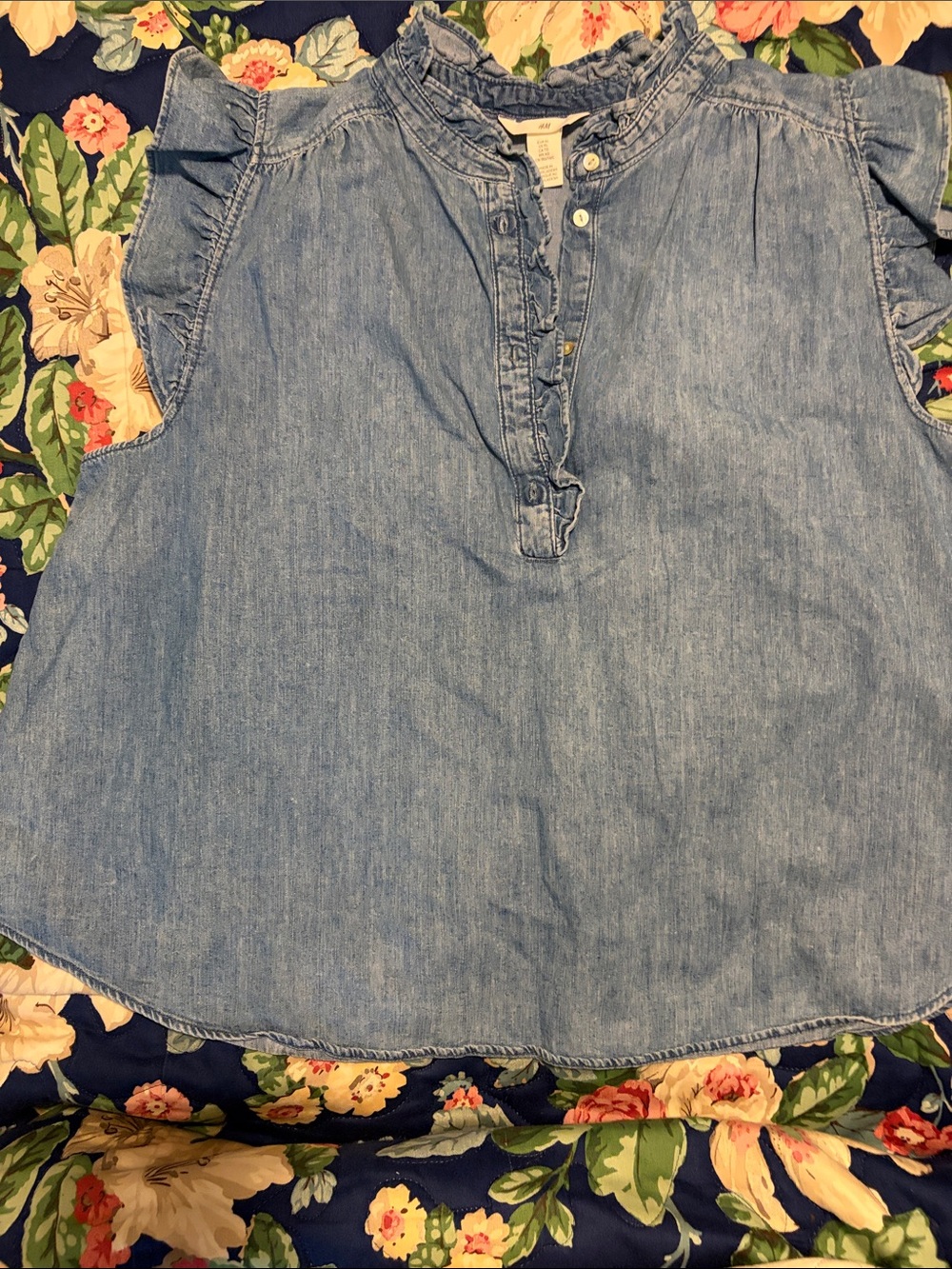 H&M Light Denim Ruffle-Sleeve Henley Top